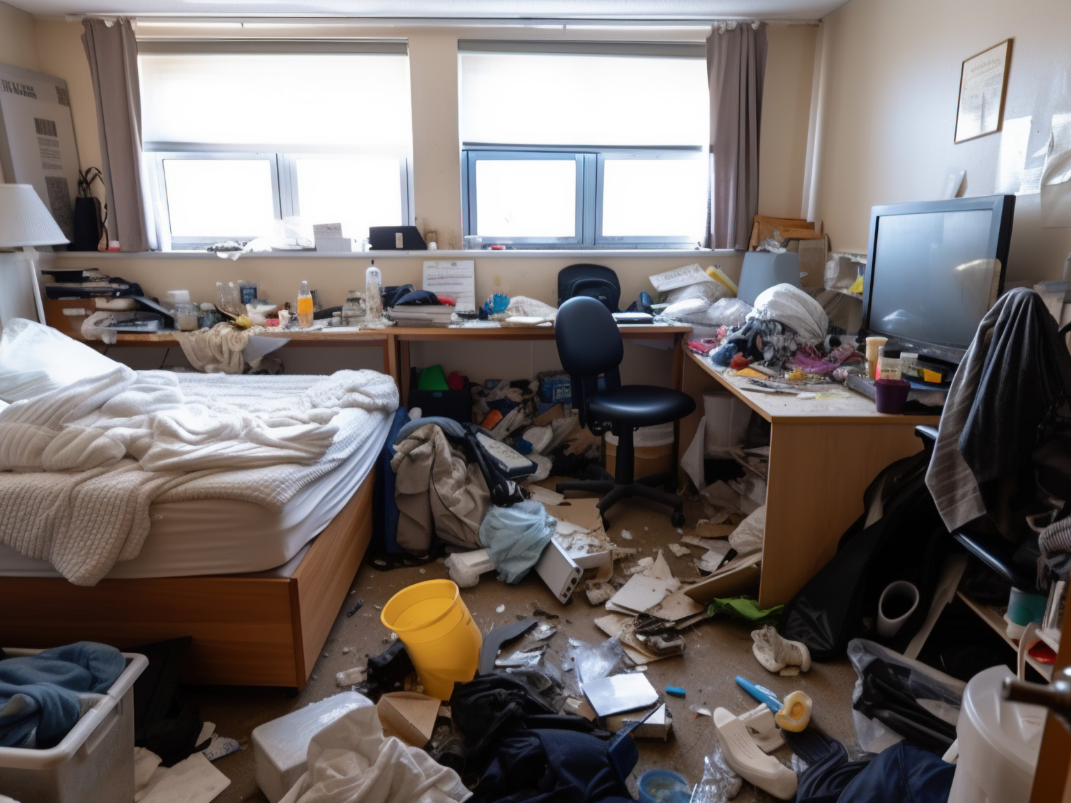 Chaotische en erg volle slaapkamer vol kleding, papierwerk en rommel op de vloer.