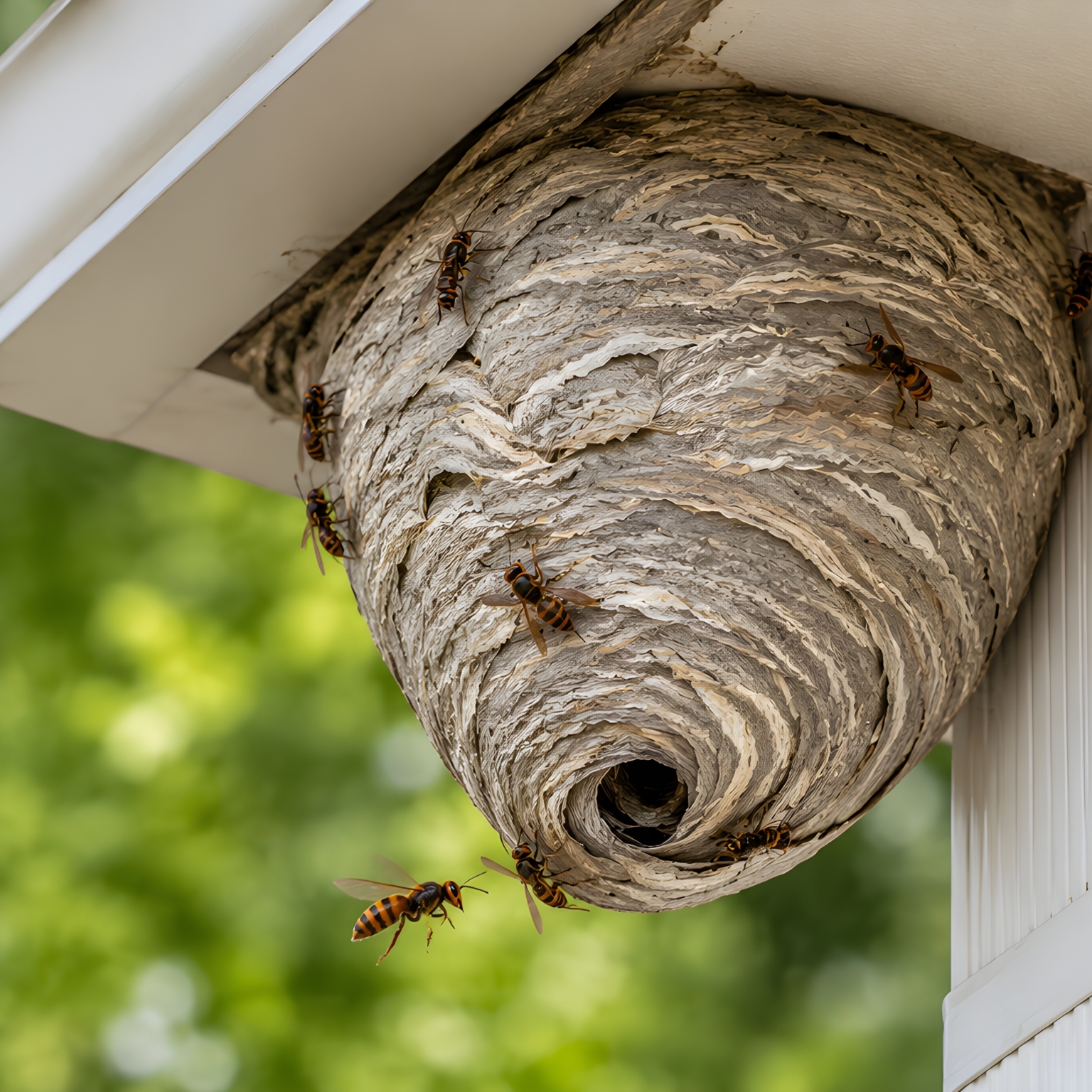 Groot wespennest met wespen vastgemaakt onder de houten dakrand van een woning.