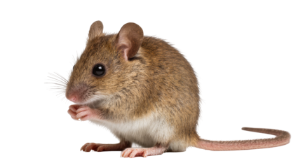 Bruine huismuis zit rechtop met zijn voorpootjes bij elkaar op een schone witte achtergrond.