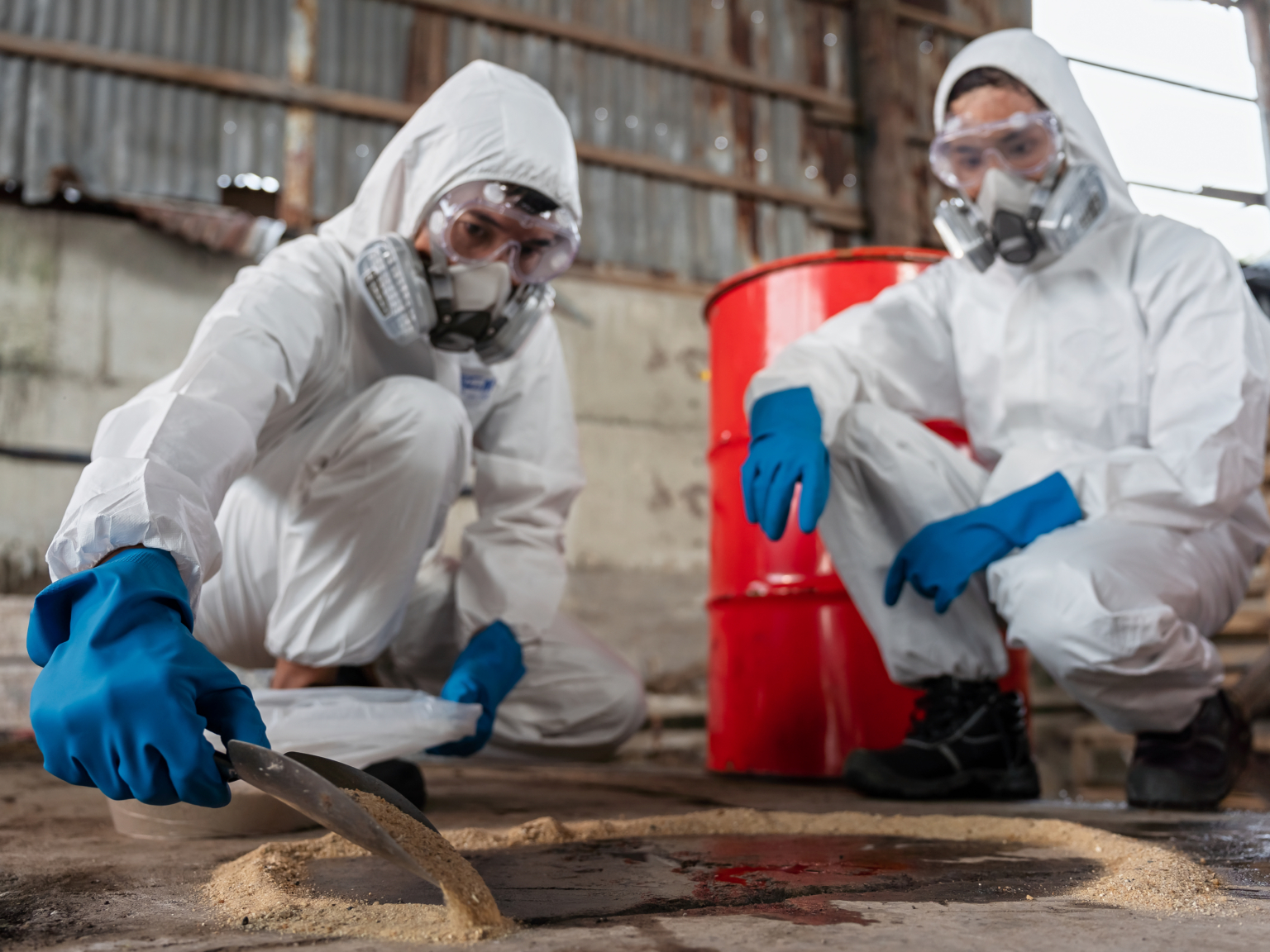 Twee specialisten in witte beschermende pakken en masker vegen poeder op een vloer bij een rood vat.
