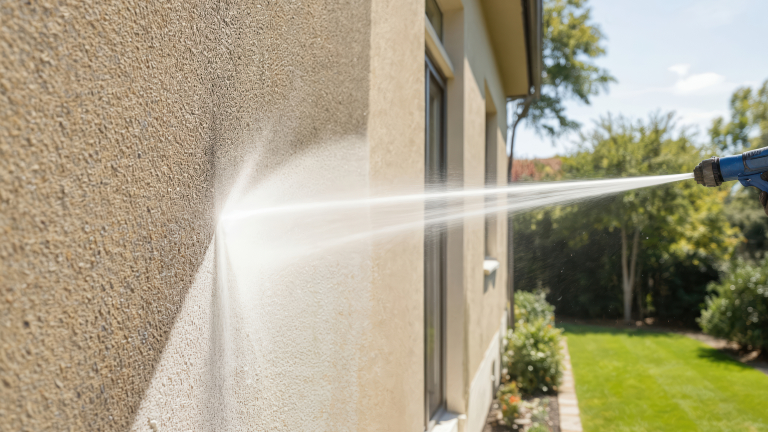 Hogedrukspuit reinigt een gestucte buitenmuur van een woning met krachtige waterstraal.
