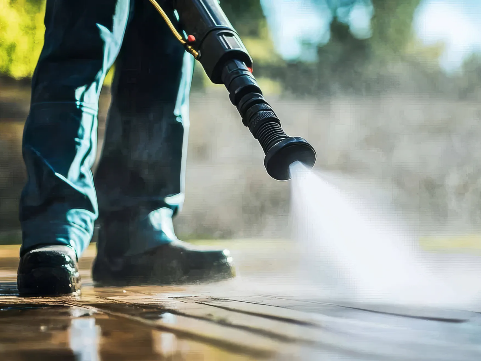 Reinigen van een houten of stenen terras met een krachtige waterstraal.
