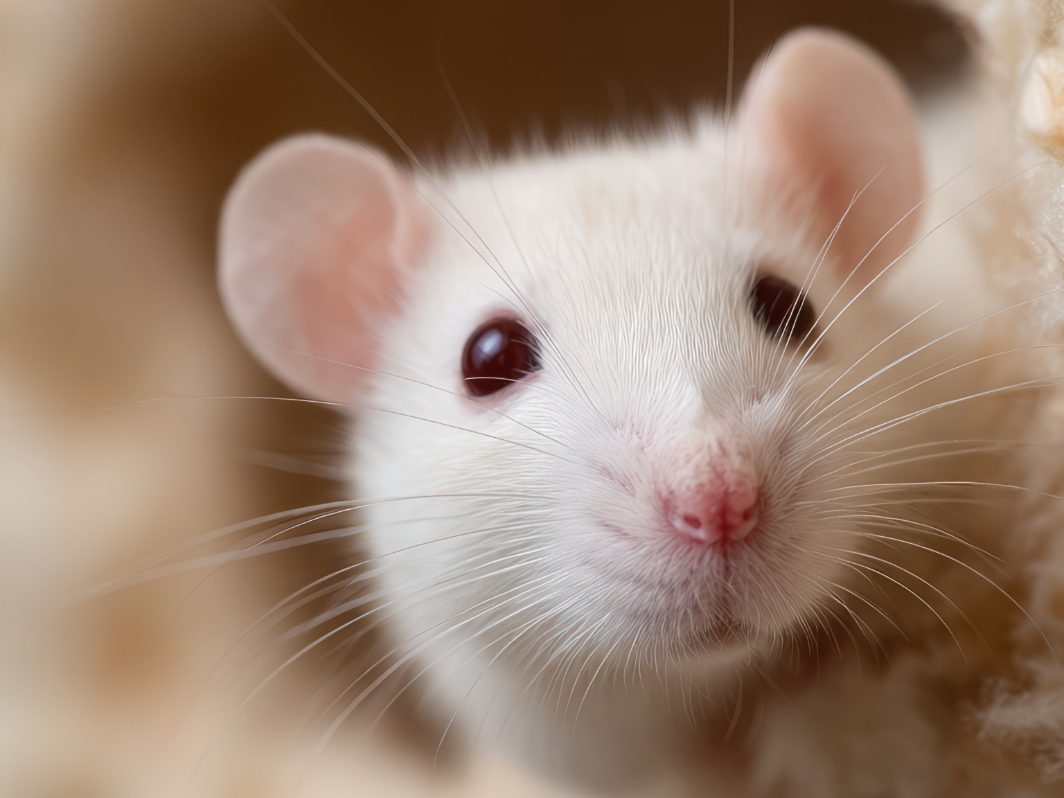 Witte muis glundert nieuwsgierig uit een holte in zacht isolatiemateriaal.