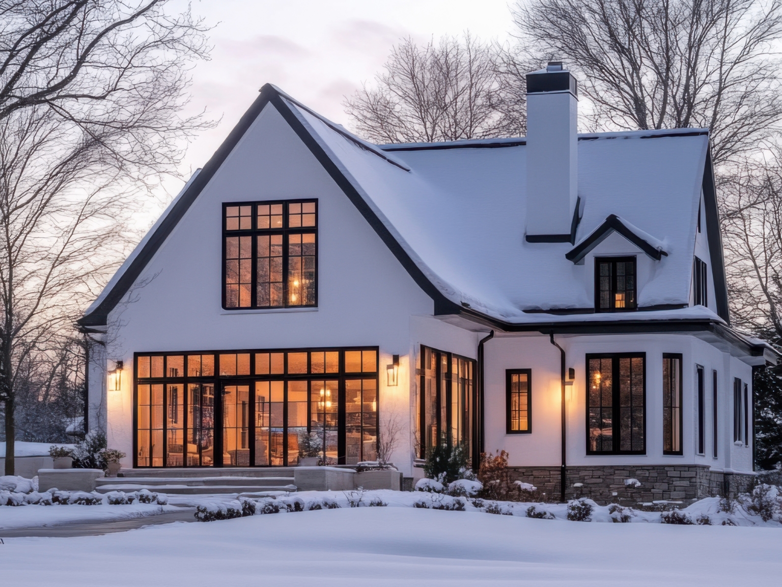 Witte vrijstaande woning met verlichte ramen in een dik pak sneeuw tijdens de winter.