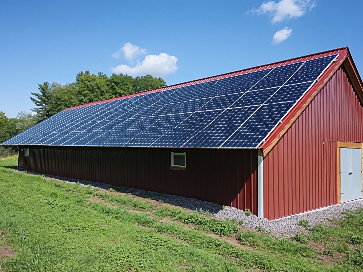 Groot schuin dak van een rode agrarische schuur volledig bedekt met schone zonnepanelen.